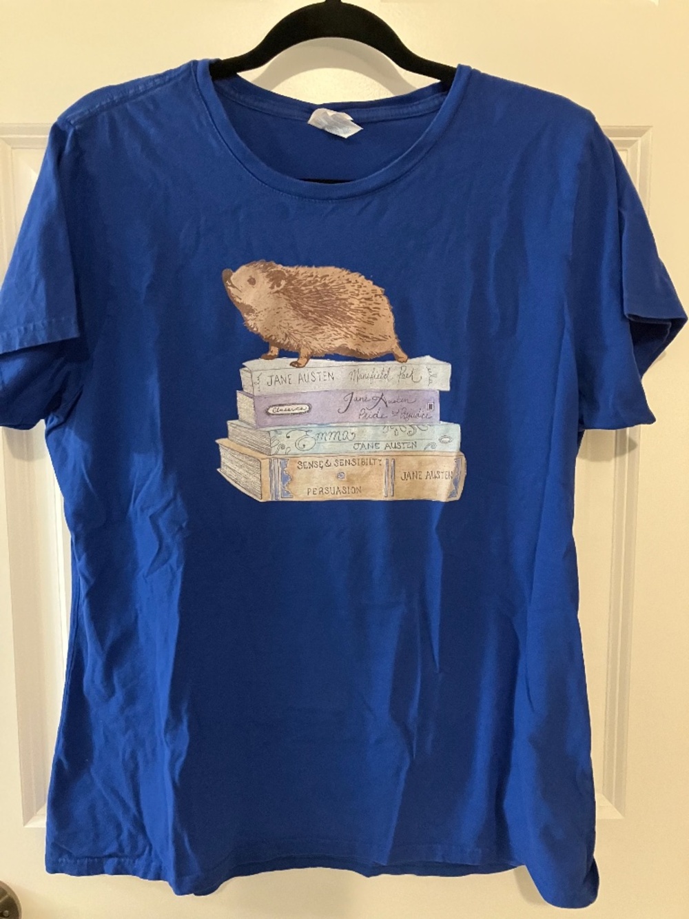 Port & Company size XL blue hedgehog Jane Austen books literary tee shirt